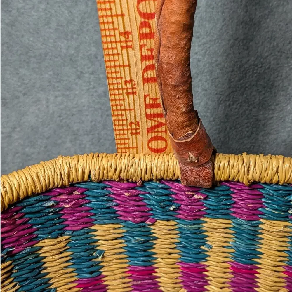 African Bolga Market Basket Large Ghana Tote Handwoven Leather Handles Boho